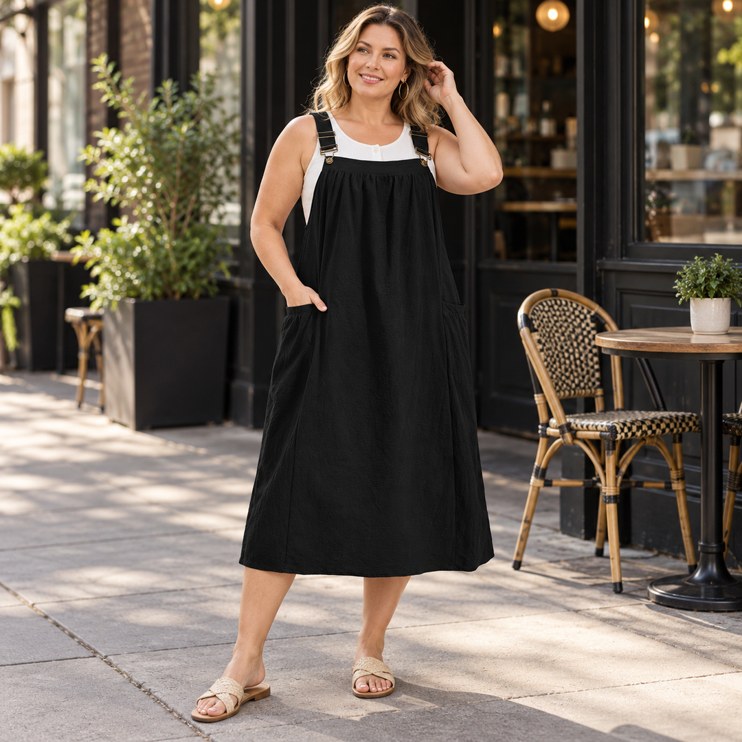 Women’s Cotton Buckle-Strap Gathered Pocket Pinafore Dress