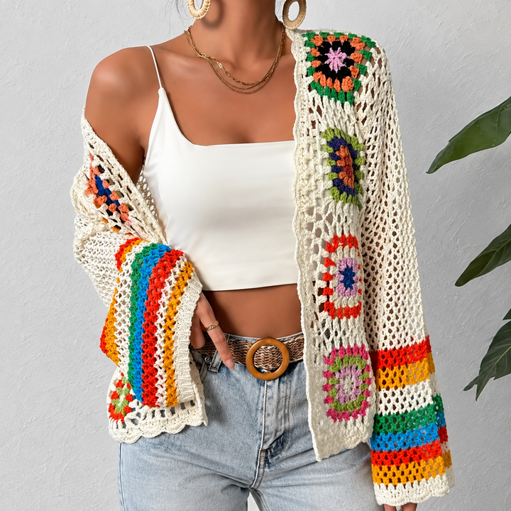VISSONG Colorful Granny Square Crochet Cardigan