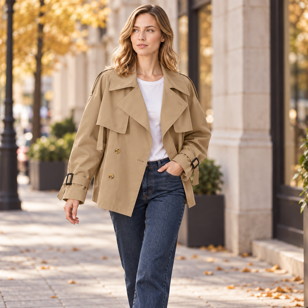 VISSONG Women’s Relaxed Double-Breasted Short Trench Jacket