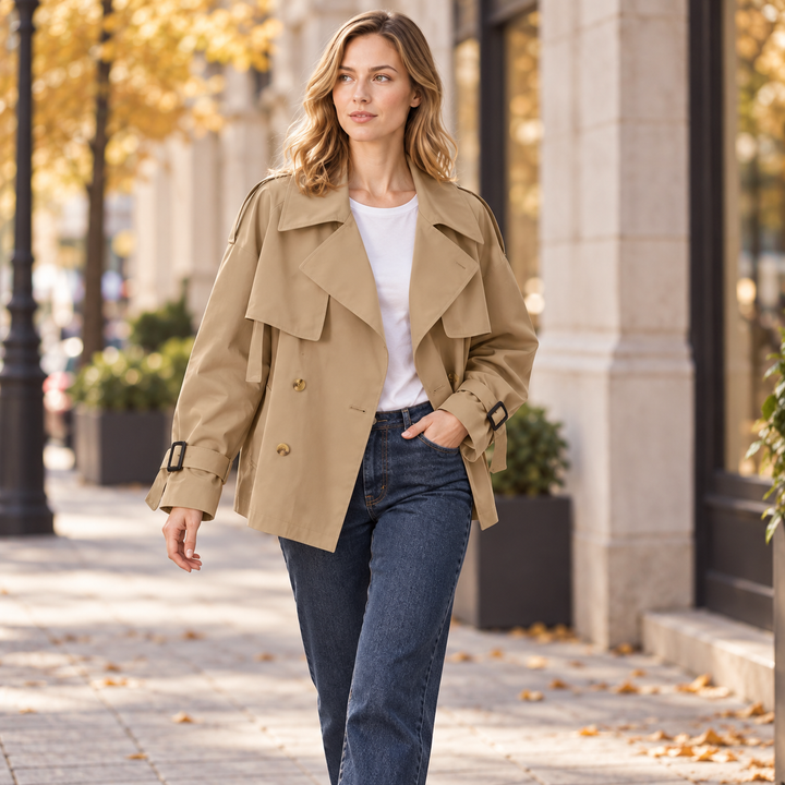 VISSONG Women’s Relaxed Double-Breasted Short Trench Jacket