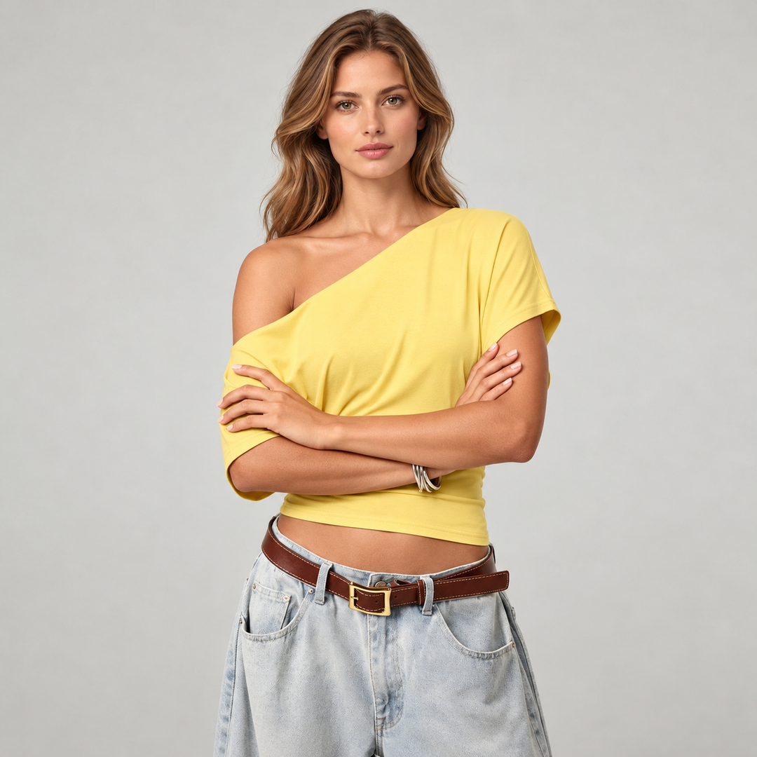 VISSONG Women’s Asymmetric Off-Shoulder Draped Crop Top