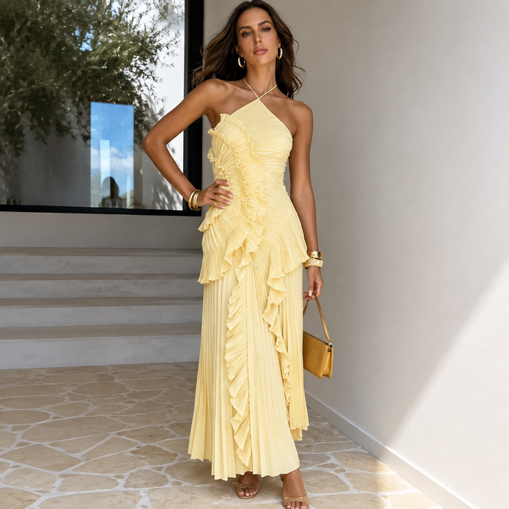 Women’s Pleated Halter Ruffle Maxi Dress