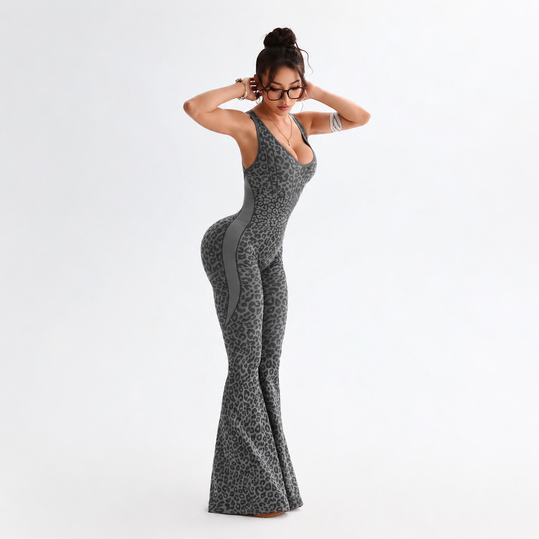 VISSONG Women’s Leopard Print Flare Leg Jumpsuit