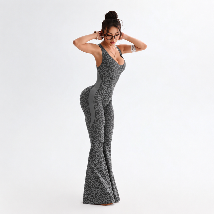 VISSONG Women’s Leopard Print Flare Leg Jumpsuit