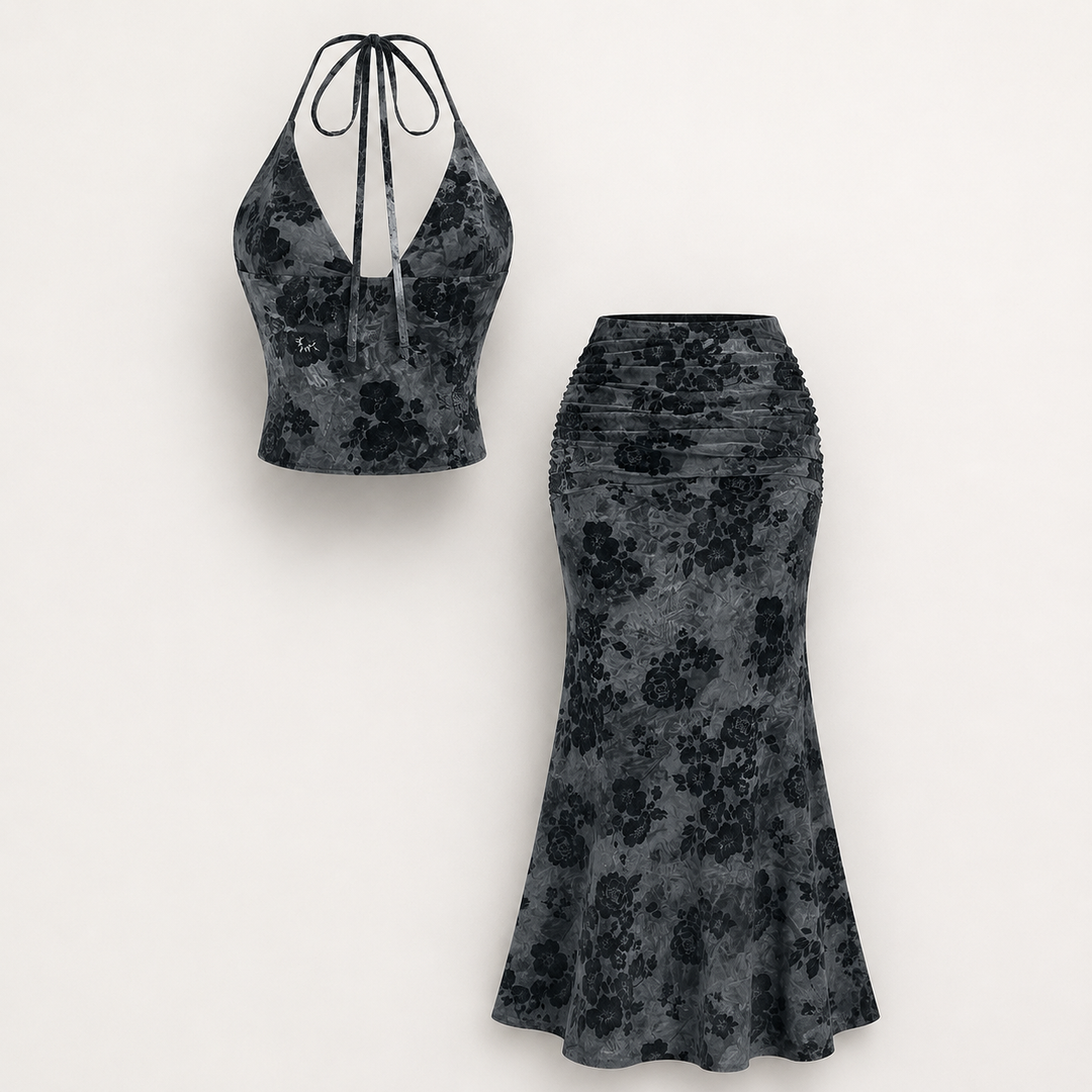 Vintage Floral Halter Top &amp; Maxi Skirt Set