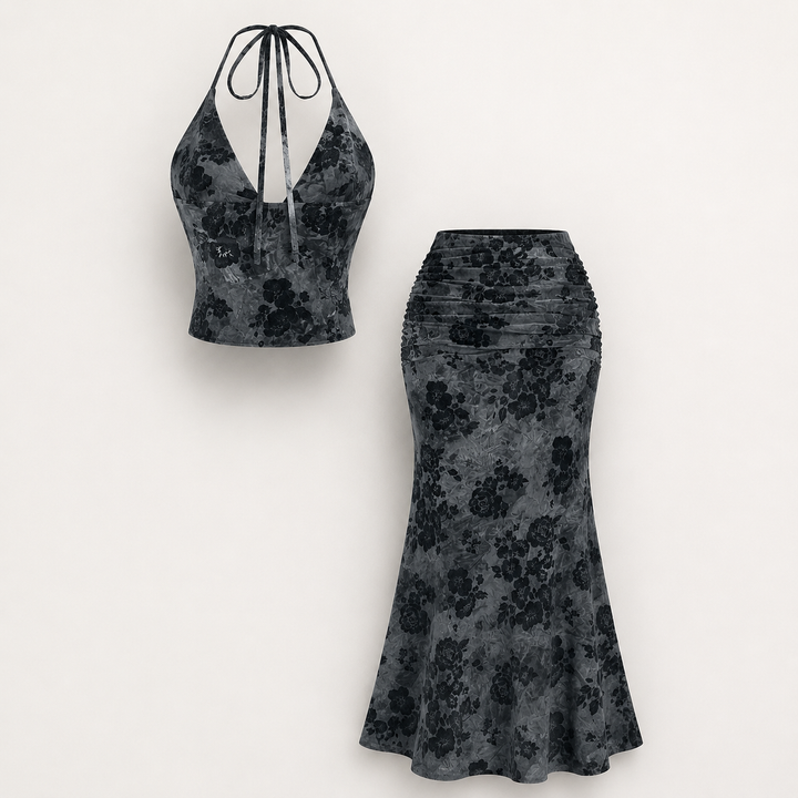 Vintage Floral Halter Top &amp; Maxi Skirt Set