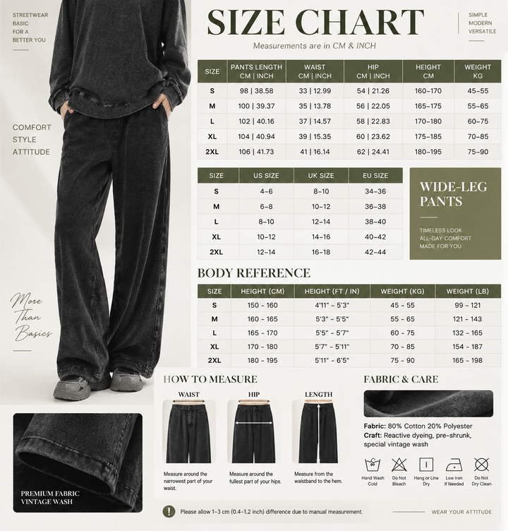 Vissong Vintage Washed Oversized Crewneck Sweatshirt and Hoodie Set