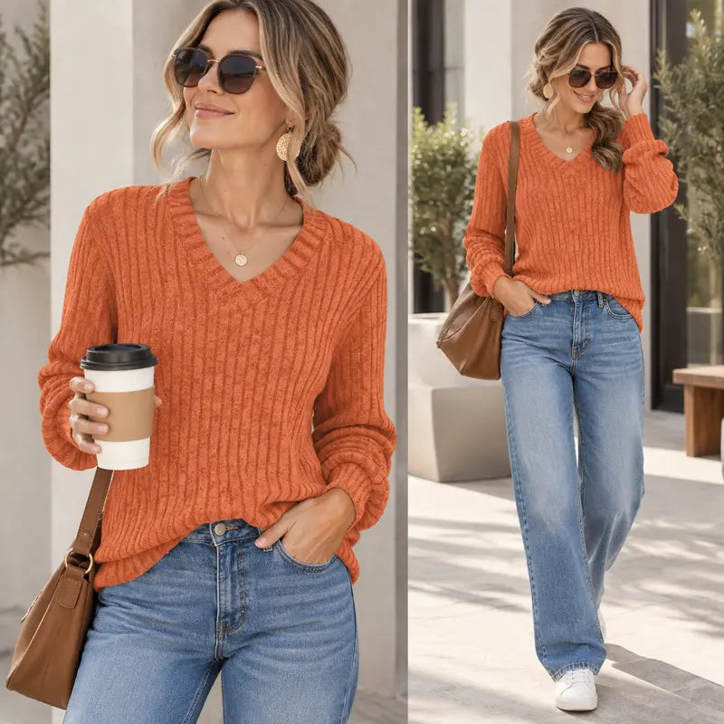 VISSONG Women’s Heathered Ribbed V-Neck Longline Sweater