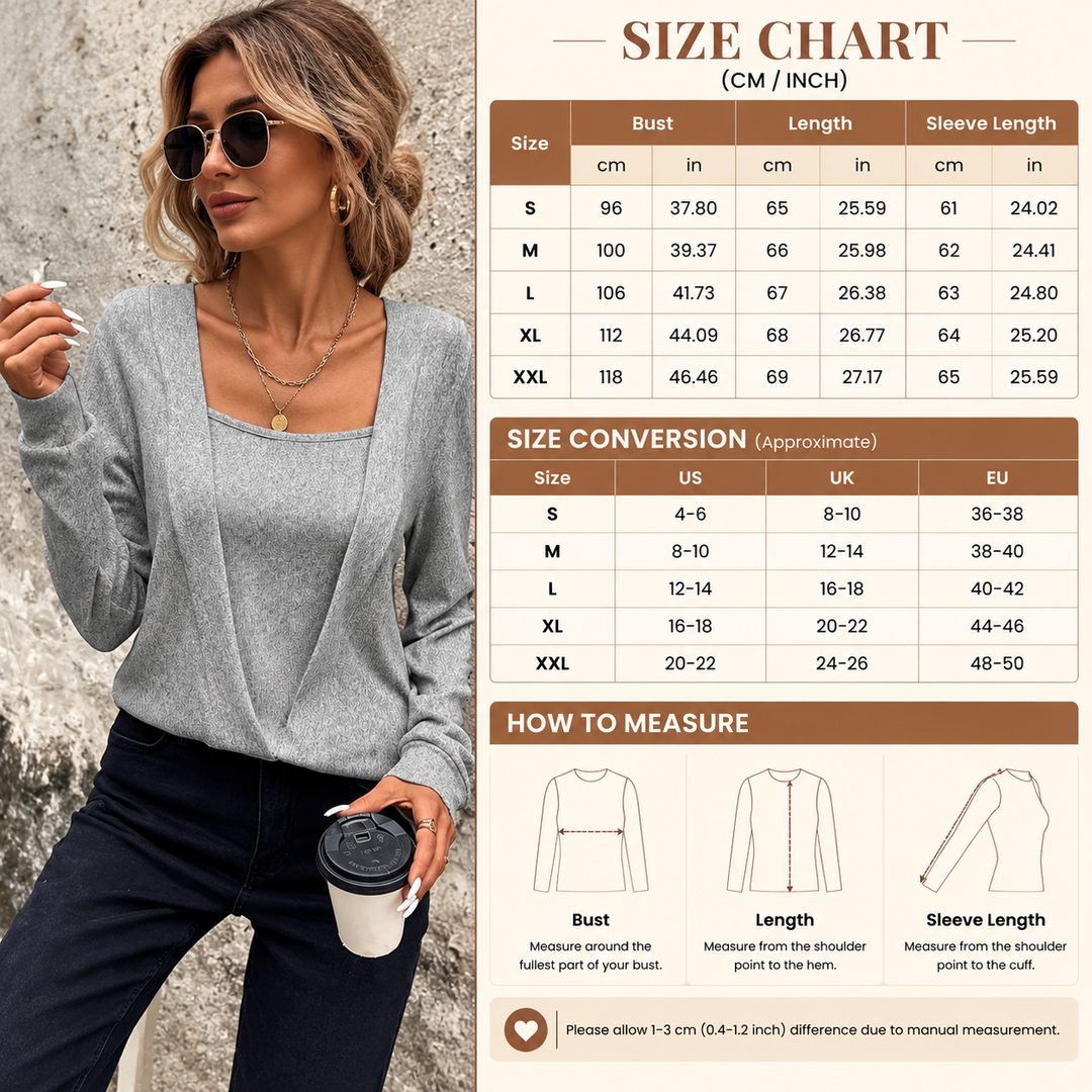 Women’s Layered-Look Drape-Front Long-Sleeve Top