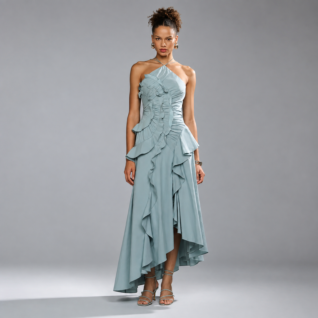 Women’s Pleated Halter Ruffle Maxi Dress