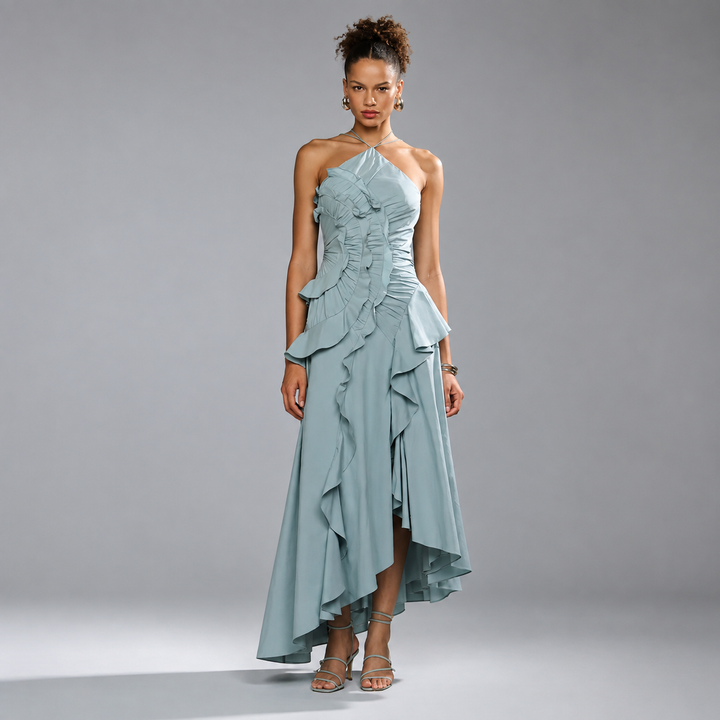 Women’s Pleated Halter Ruffle Maxi Dress