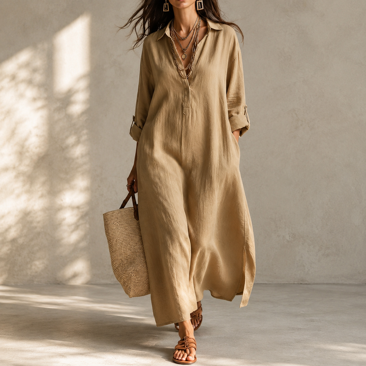 Relaxed Roll-Tab Maxi Shirt Dress