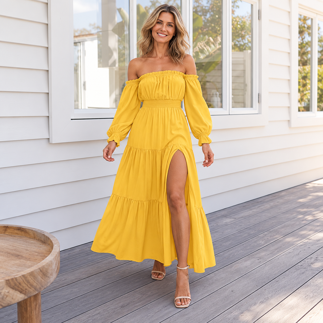 VISSONG Women’s Off-Shoulder Balloon-Sleeve Tiered Slit Maxi Dress