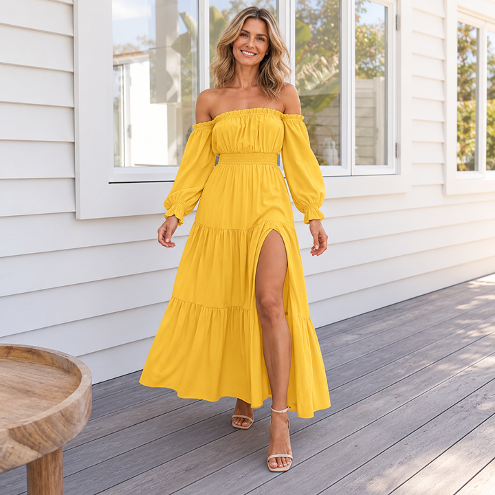VISSONG Women’s Off-Shoulder Balloon-Sleeve Tiered Slit Maxi Dress