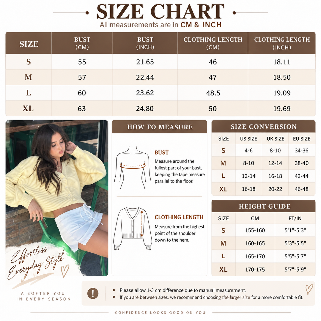 VISSONG Soft Ribbed V-Neck Balloon-Sleeve Cropped Cardigan