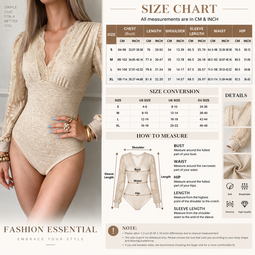 Lace-Trim Deep-V Long-Sleeve Bodysuit