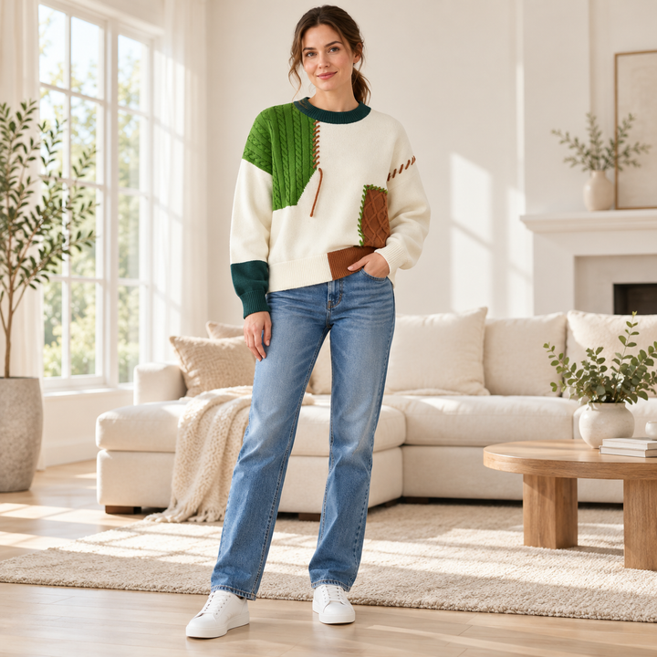 VISSONG Women’s Contrast-Stitch Cable Panel Knit Sweater