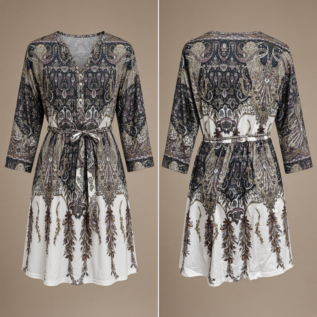 VISSONG Women’s Boho Printed V-Neck Drawstring Mini Dress