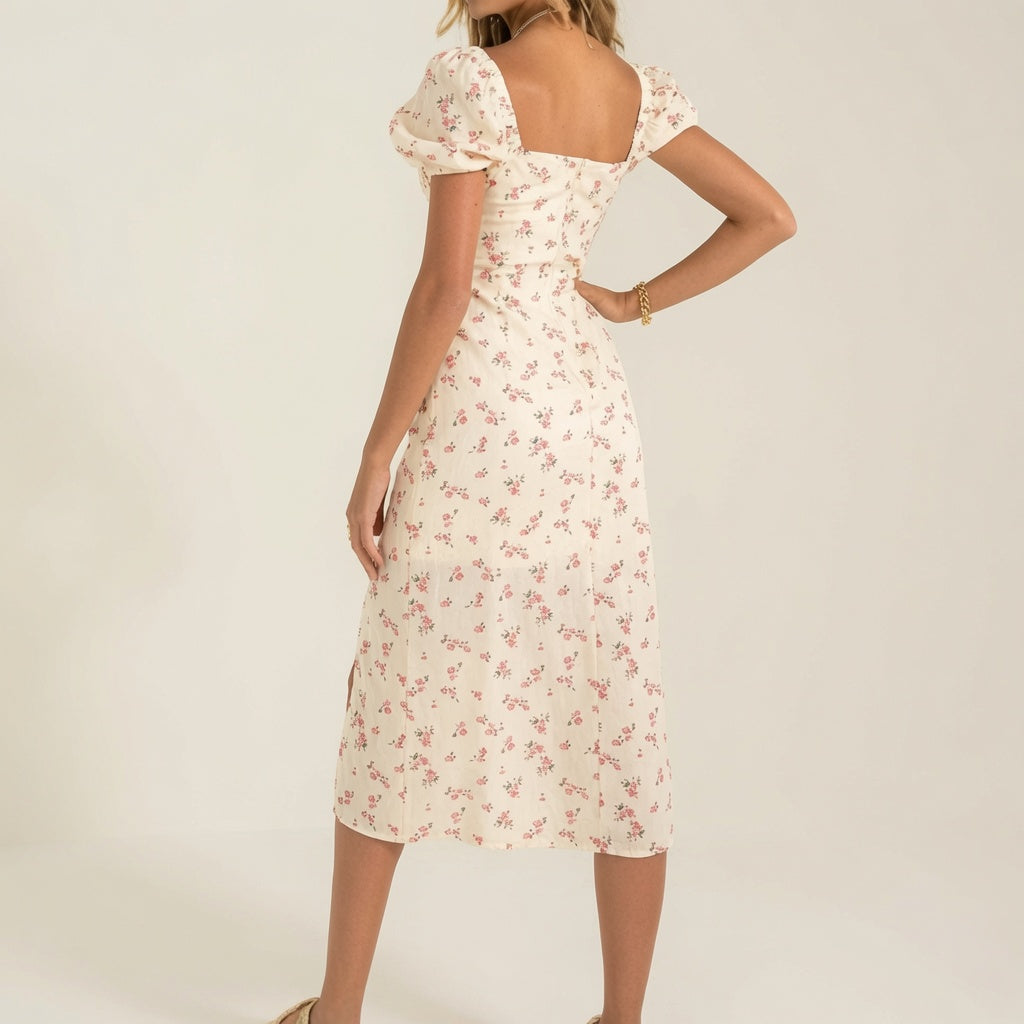 Romantic Floral Puff-Sleeve Midi Dress