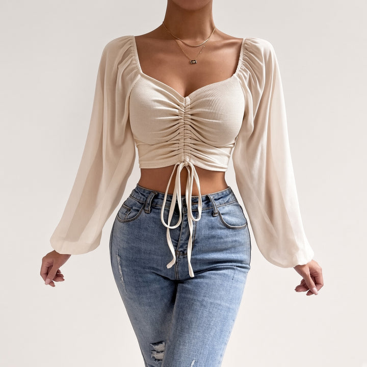 Soft Sheer Puff Sleeve Ruched Crop Top