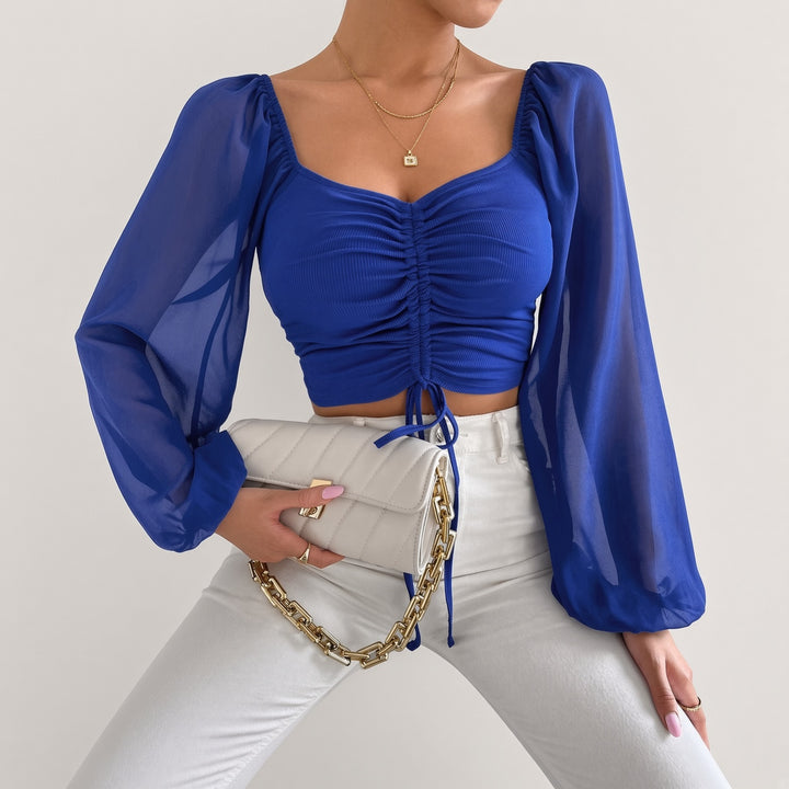 Soft Sheer Puff Sleeve Ruched Crop Top