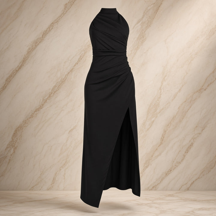 Women’s High-Neck Halter Ruched High-Slit Maxi Dress