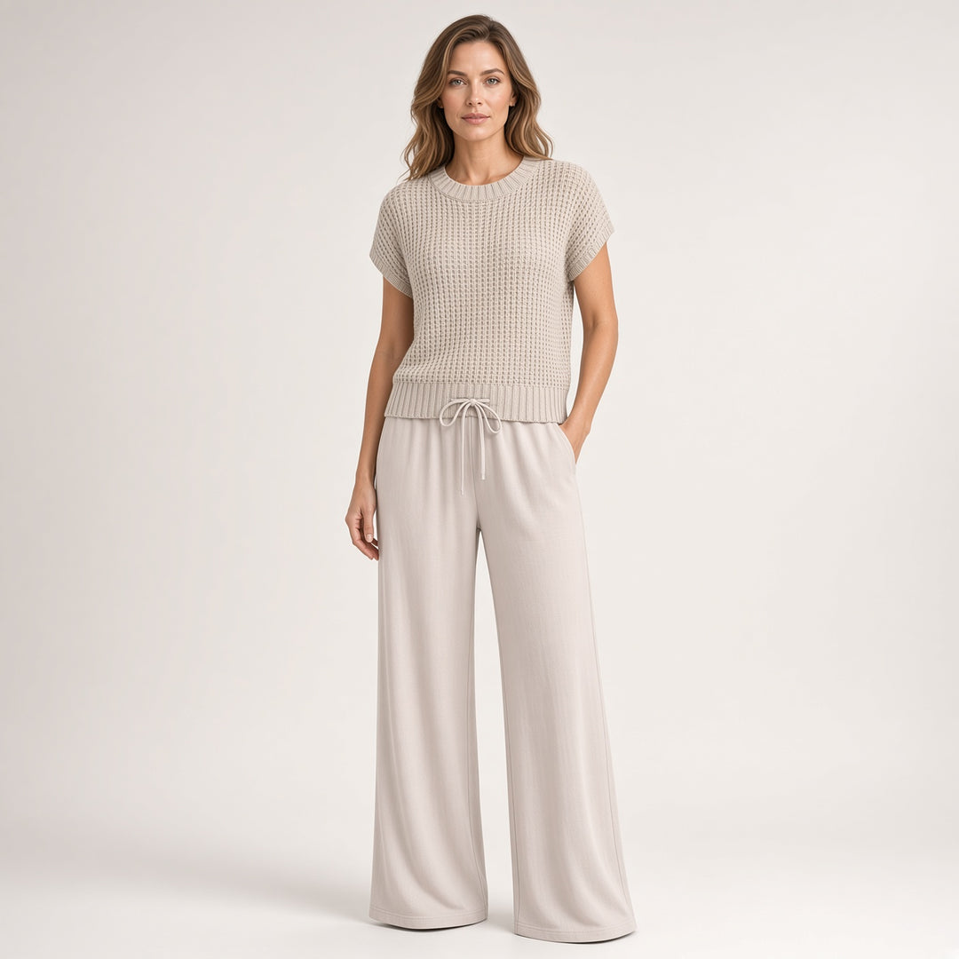 VISSONG Women’s Open-Knit Top Drawstring Wide-Leg Pants Set