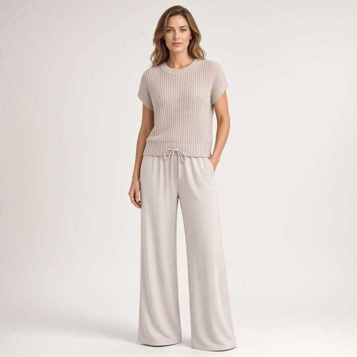VISSONG Women’s Open-Knit Top Drawstring Wide-Leg Pants Set