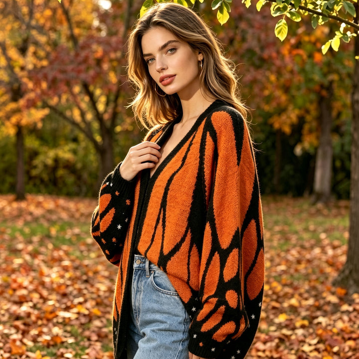 VISSONG Butterfly Wing Pattern Open-Front Knit Cardigan