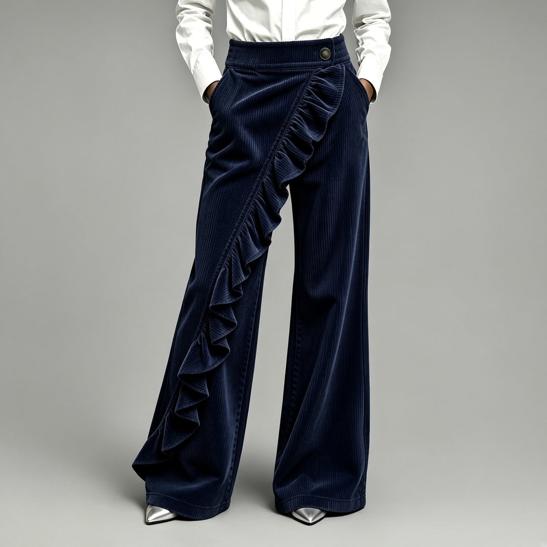 Women’s High-Waisted Ruffle-Overlay Corduroy Wide-Leg Pants