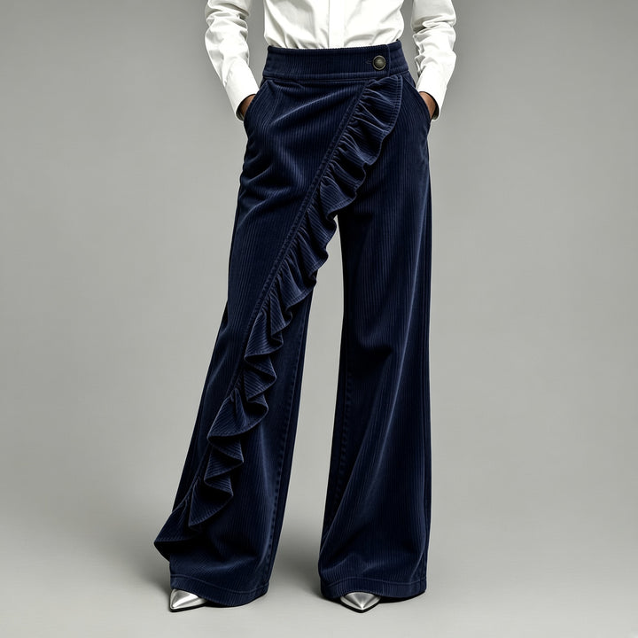 Women’s High-Waisted Ruffle-Overlay Corduroy Wide-Leg Pants