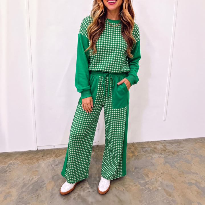 VISSONG Women’s Gingham Colorblock Pullover &amp; Wide-Leg Pants Set