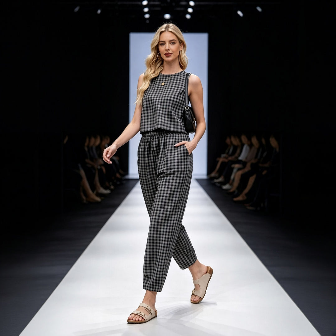 Gingham Sleeveless Top &amp; Relaxed Pants Set