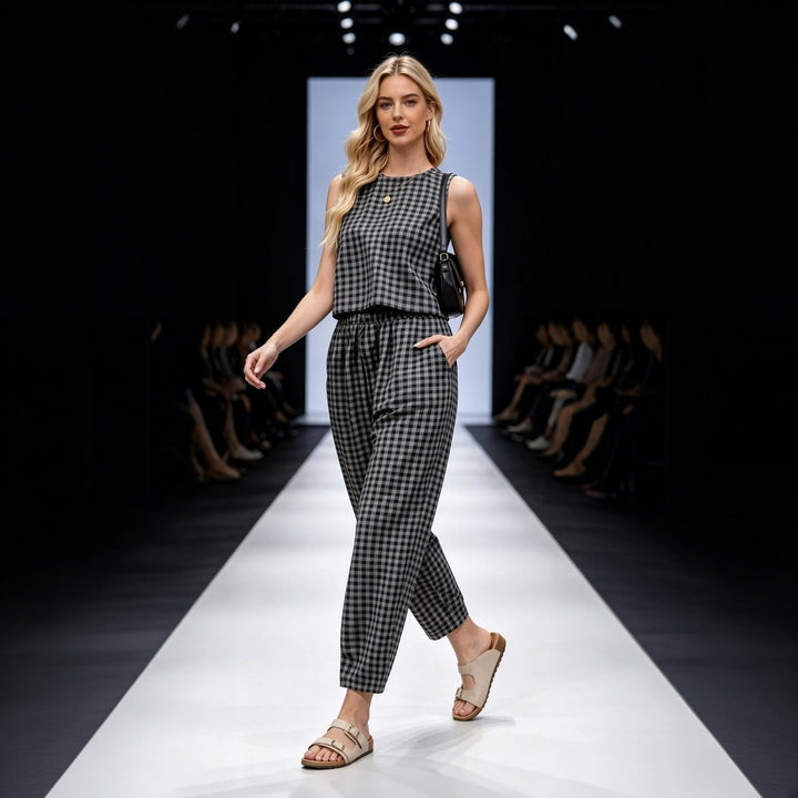 Gingham Sleeveless Top &amp; Relaxed Pants Set
