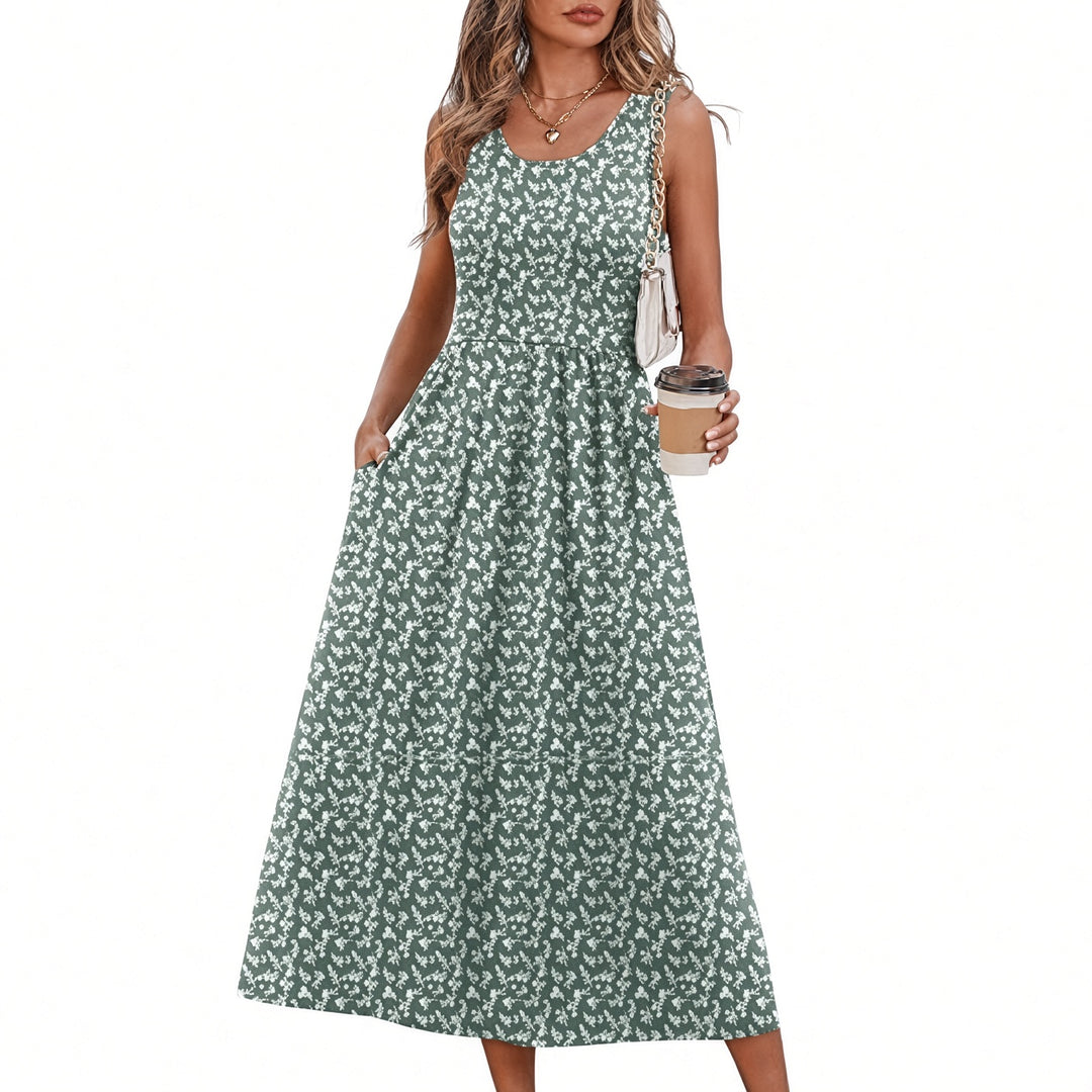 VISSONG Women’s Sleeveless Gathered-Waist Pocket Midi Dress
