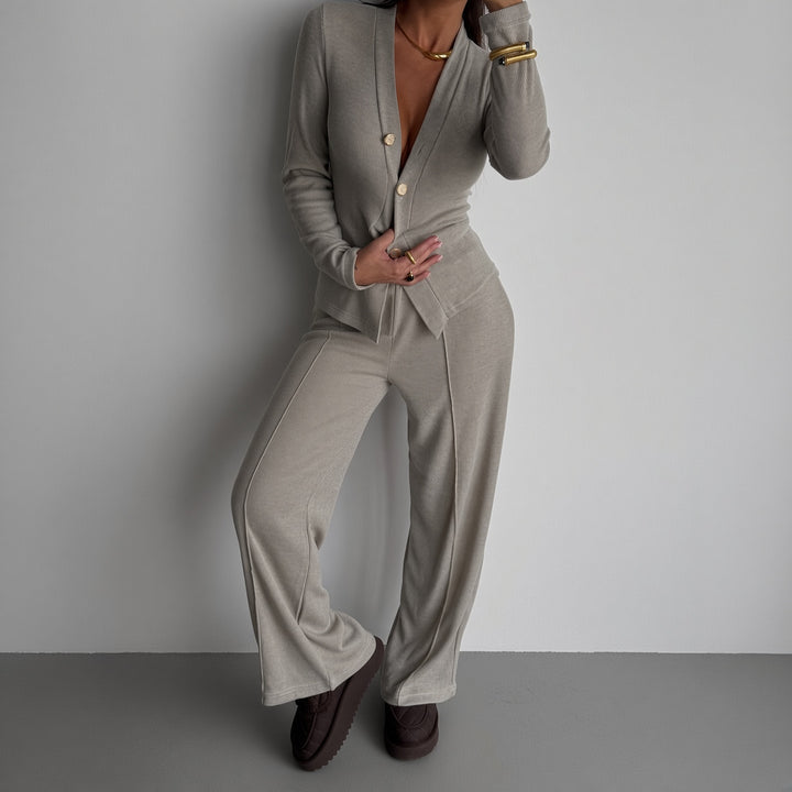 Women’s Ribbed Button-Front Cardigan &amp; Wide-Leg Pants Set