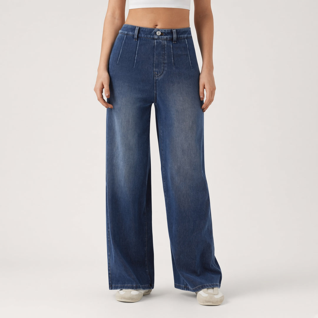 Pleated High-Waist Wide-Leg Jeans