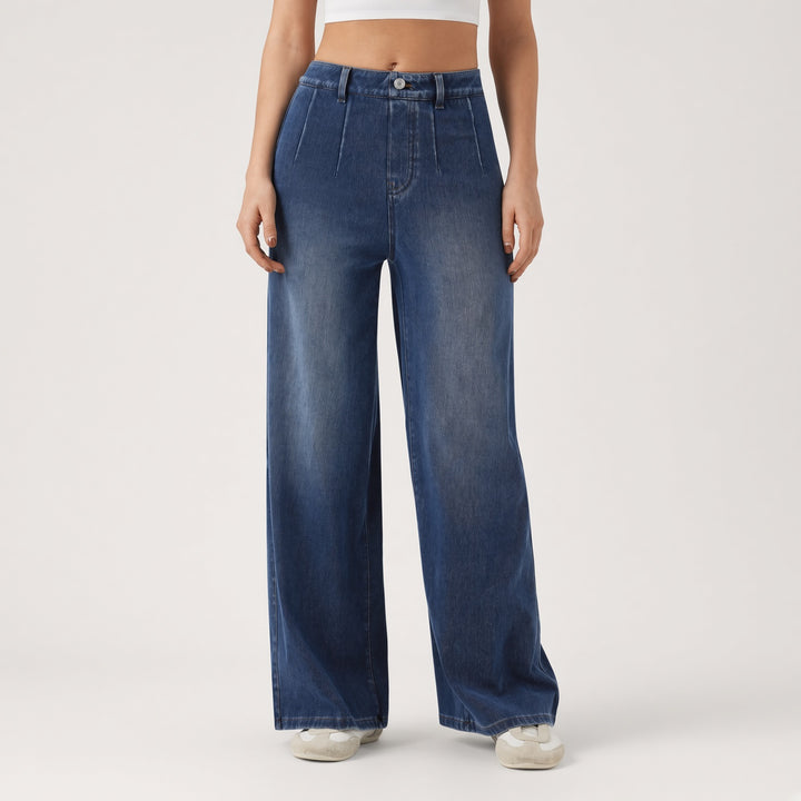 Pleated High-Waist Wide-Leg Jeans