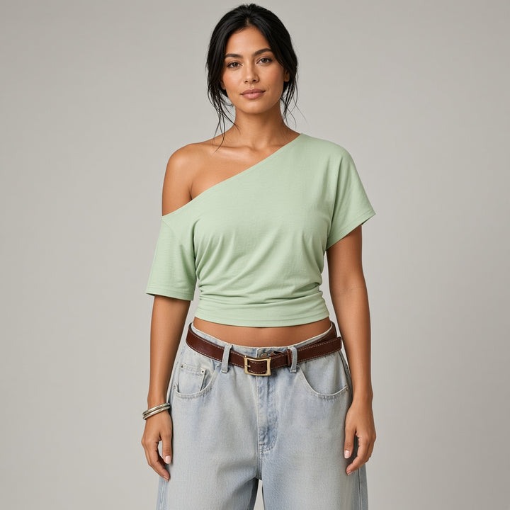 VISSONG Women’s Asymmetric Off-Shoulder Draped Crop Top