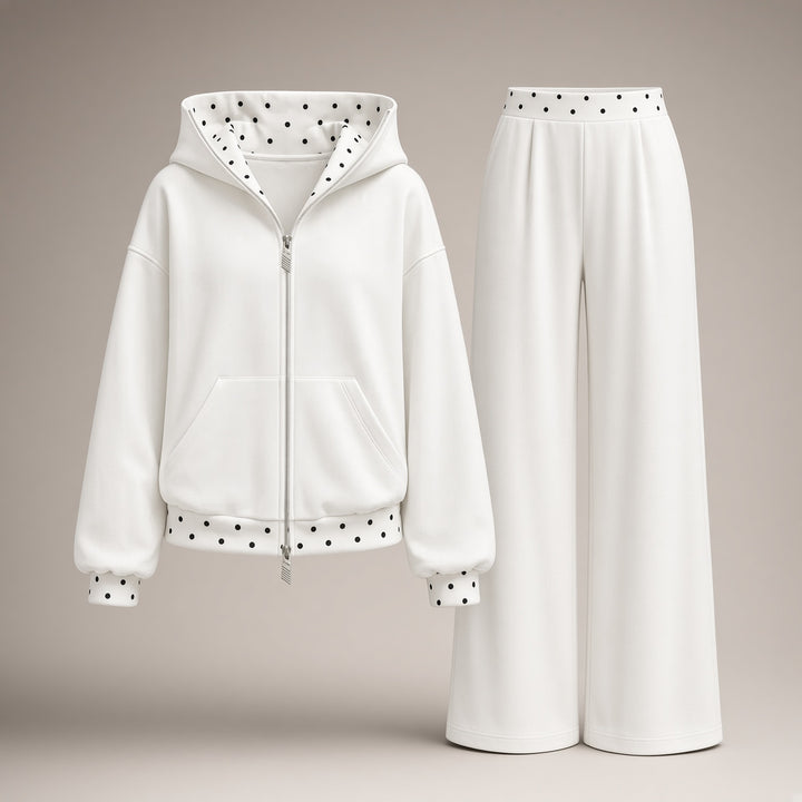 Women’s Polka Dot Trim Zip-Up Hoodie &amp; Wide-Leg Pants Set
