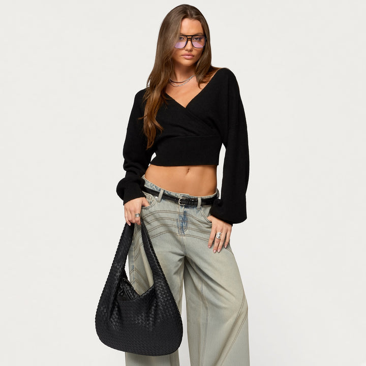 Crossover V-Neck Cropped Knit Sweater