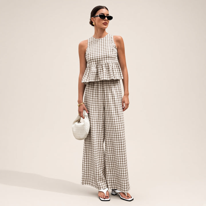 Gingham Peplum Top &amp; Wide-Leg Pants Set