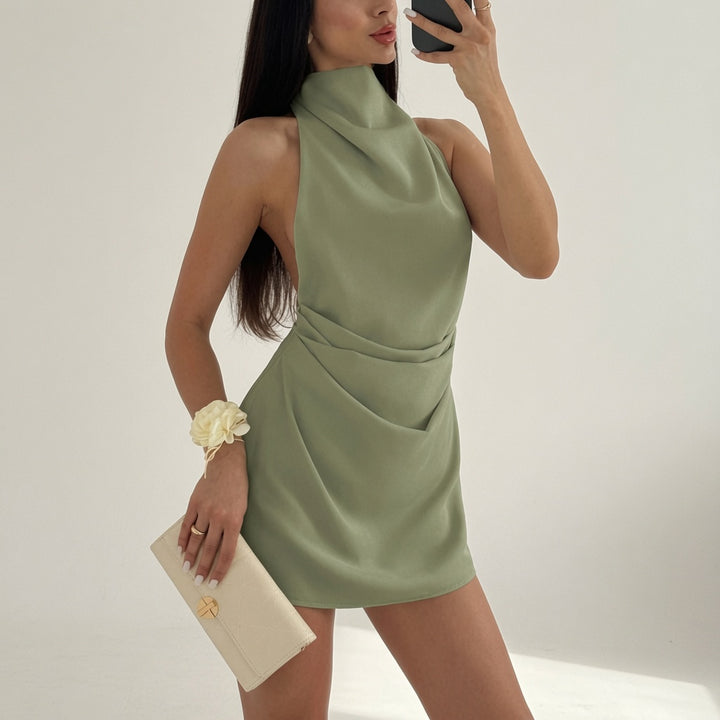 High-Neck Draped Satin Mini Dress