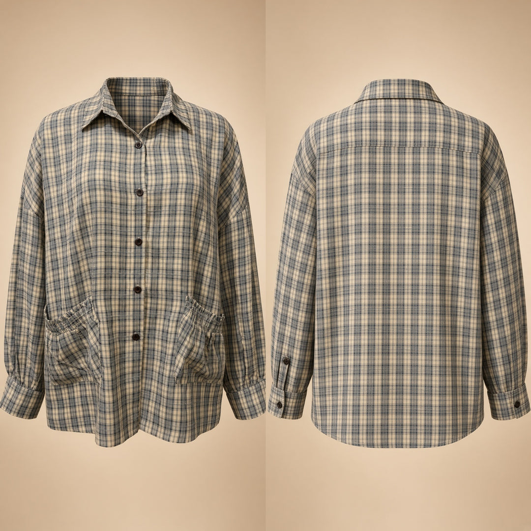 VISSONG Women’s Ruffle-Pocket Plaid Shirt