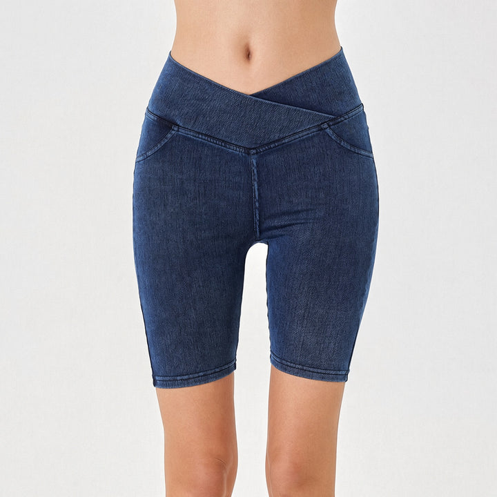 VISSONG Women’s Crossover Waist Denim Biker Shorts