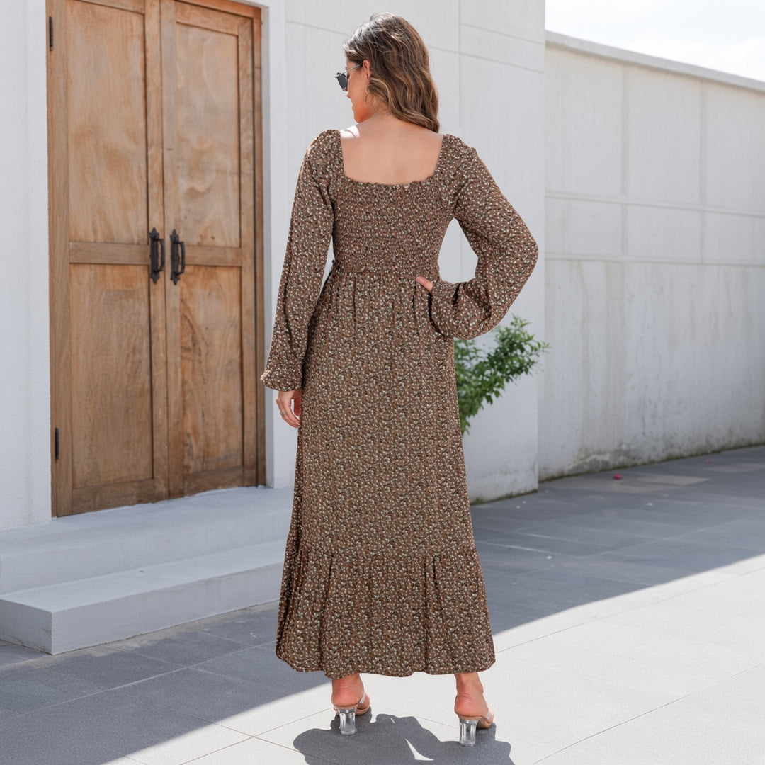 VISSONG Women’s Printed Smocked-Bodice Long-Sleeve Maxi Dress
