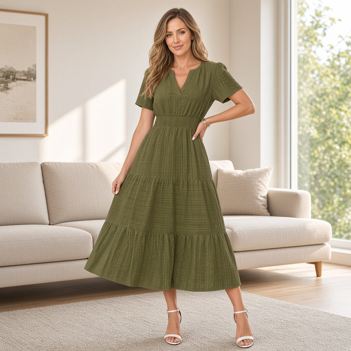 VISSONG Women’s Split-Neck Smocked Waist Tiered Dress