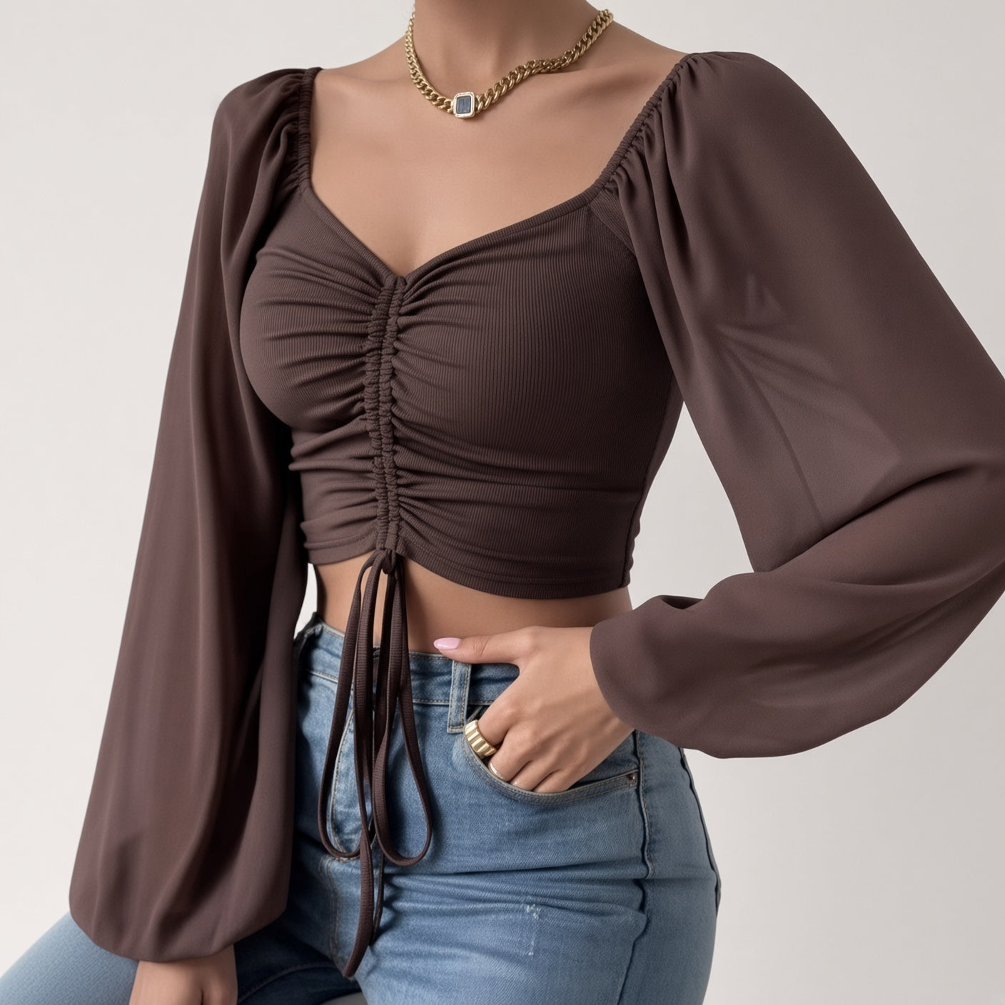 Soft Sheer Puff Sleeve Ruched Crop Top