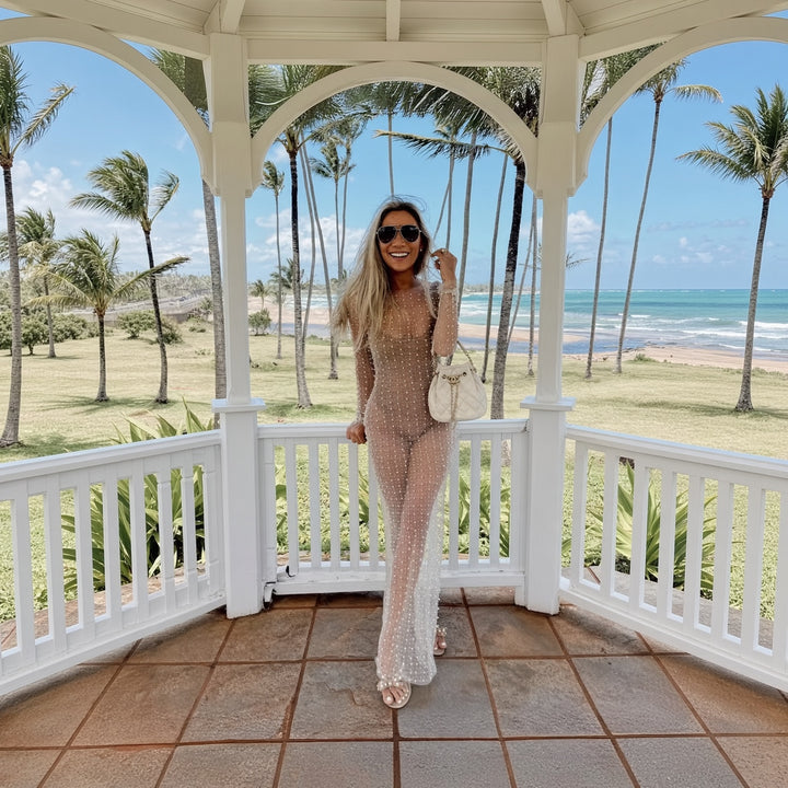Women’s Pearl-Embellished Sheer Mesh Maxi Cover-Up Dress