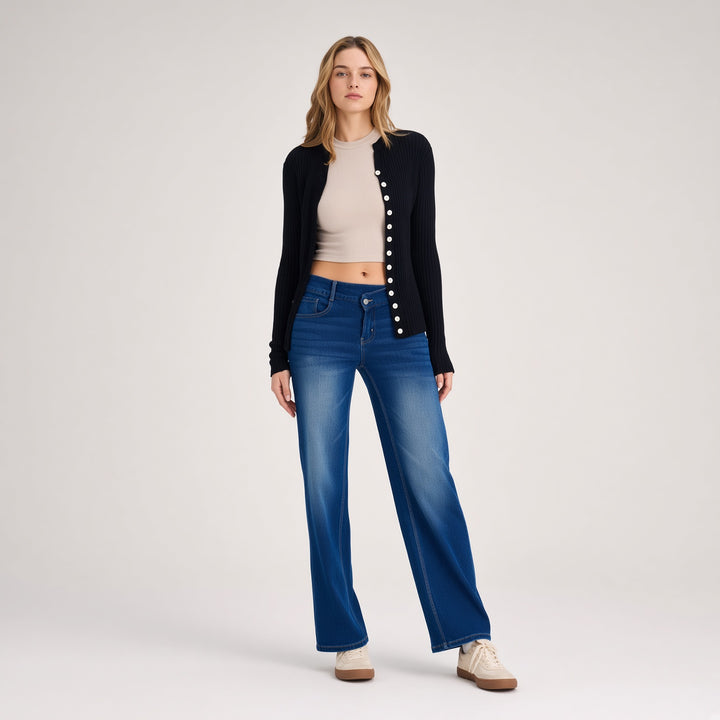 Crossover-Waist Straight-Leg Jeans